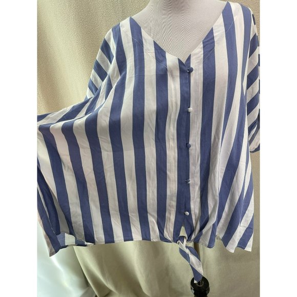 Studio B Blue & White Vertically Striped Front Tie Knot Button-up Blouse - 3X - Picture 7 of 8